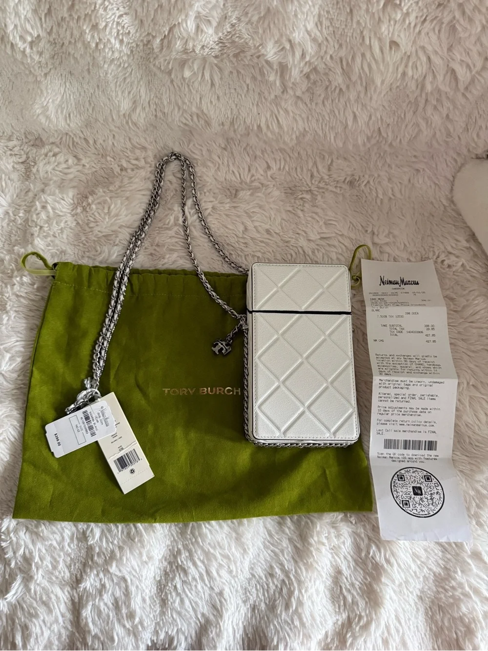 Tory Burch White Quilted Phone Crossbody with Silver Chain